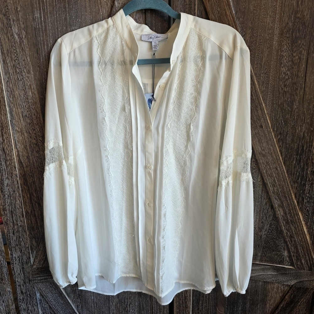 Libby Edelman Shirt Women's Size XL White Blouse Long Sleeves Lacey Sheer Button